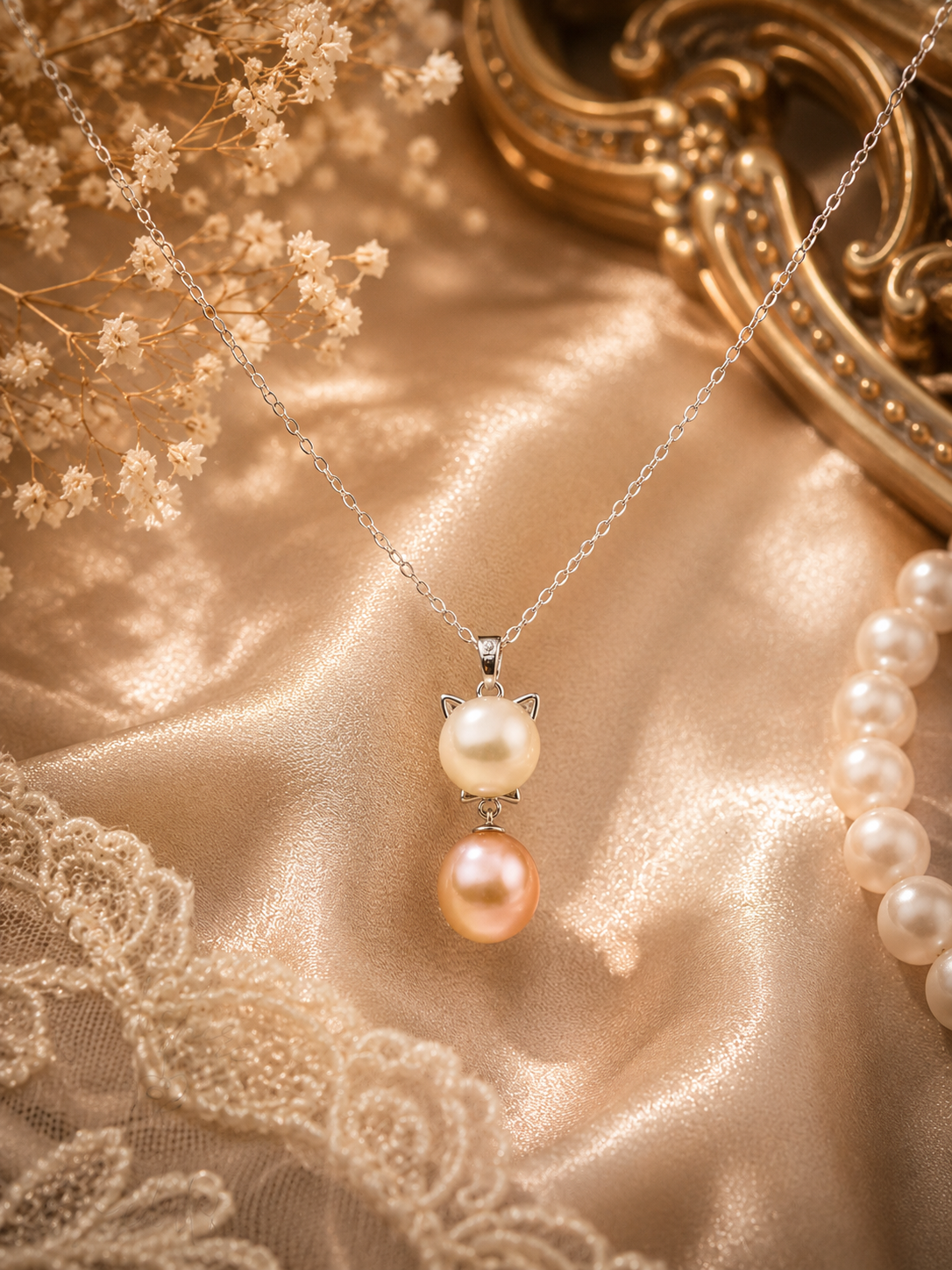 Edison Pearl Kitty Pendant: S925 Sterling Silver Cat Charm