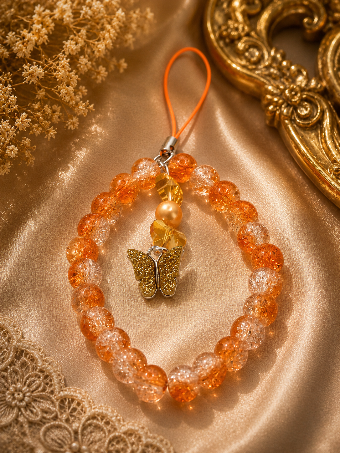 Fiery Orange Pearl & Bead Phone Charm