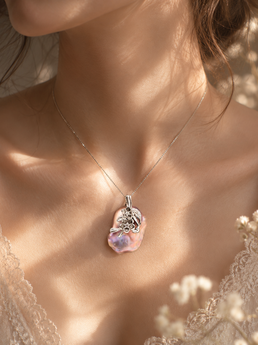 Cascade Flower King Pearl Pendant - Sterling Silver
