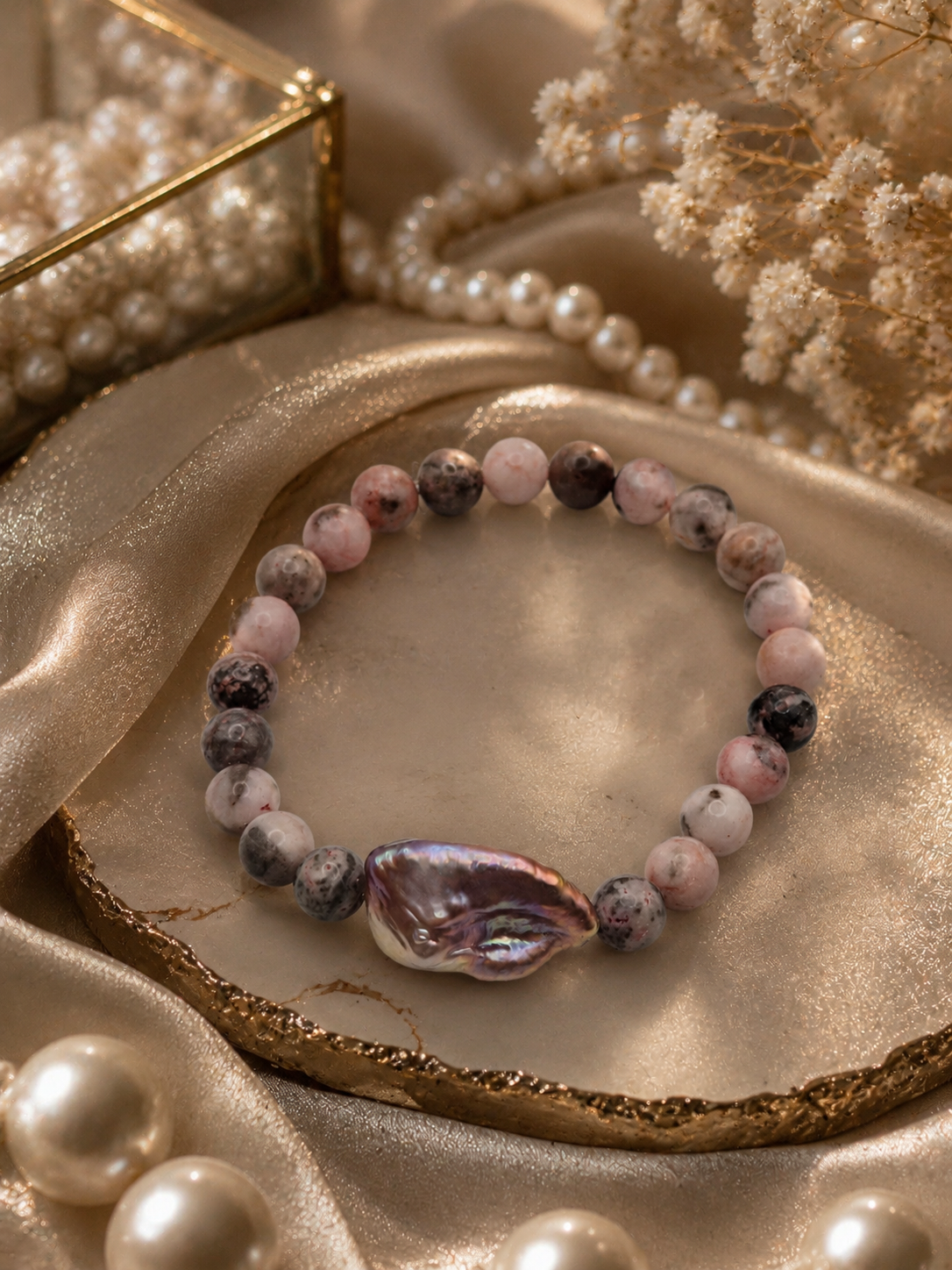 Pink Zebra Jade & King Pearl Strech Bracelet