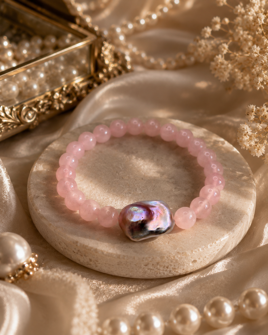 Romantic Blush Rose Quartz & King Pearl Bracelet