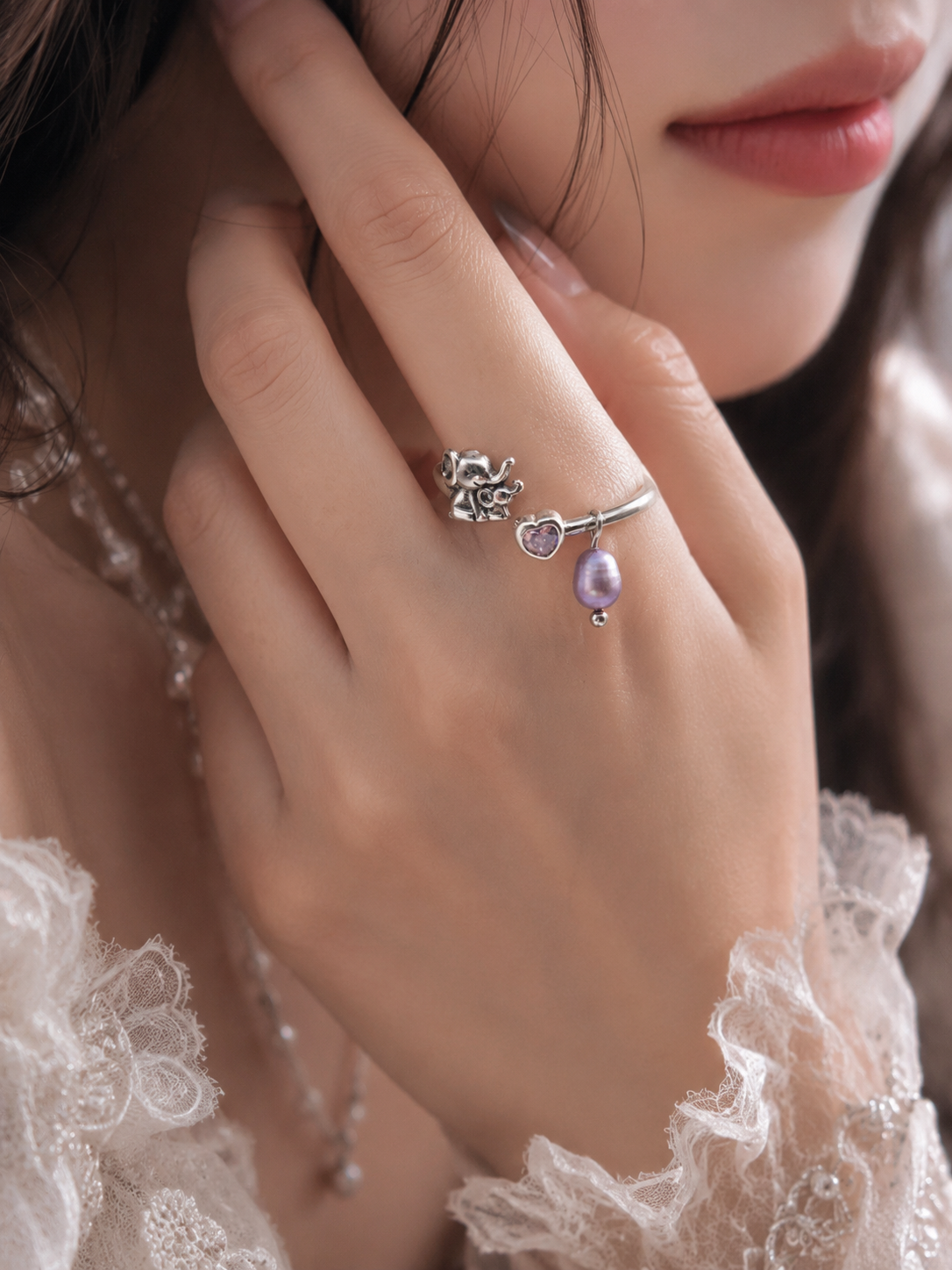 Mama & Baby Elephant Pearl Ring