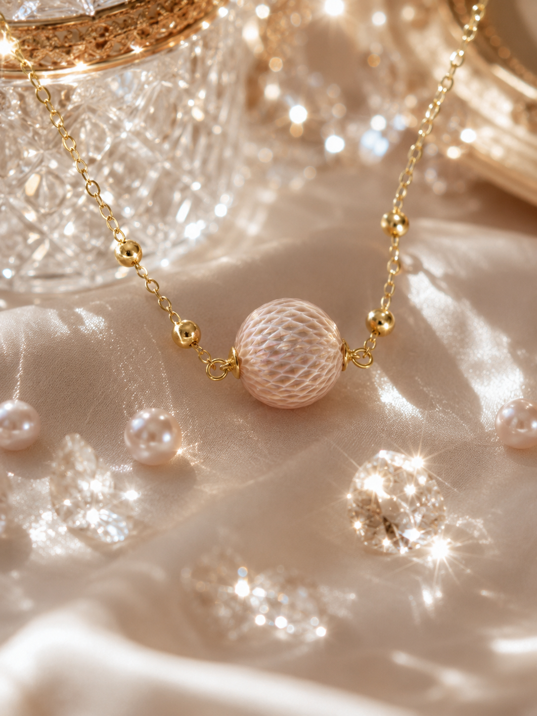 Golden Orb Carved Edison Pearl Necklace — Dragon Scale Design
