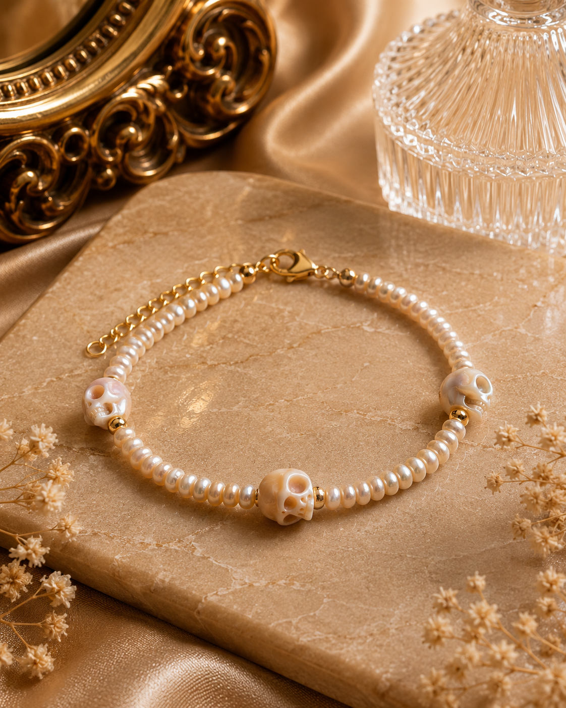 Keshi and Skull Carved Pearl Bracelet