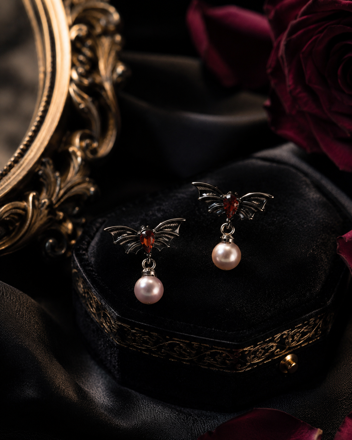Midnight Bat Pearl Drop Ear Studs