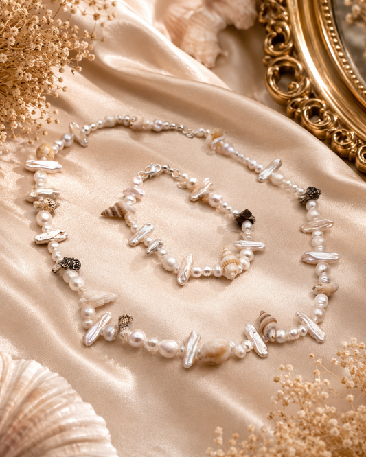 Summer Beach Pearl and Seashell Necklace and Bracelet Set