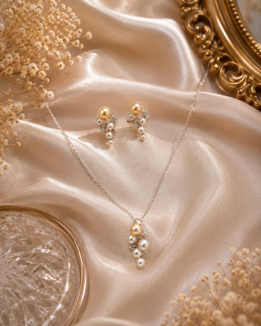 Saltwater Pearl Golden and White Pendant And Earrings