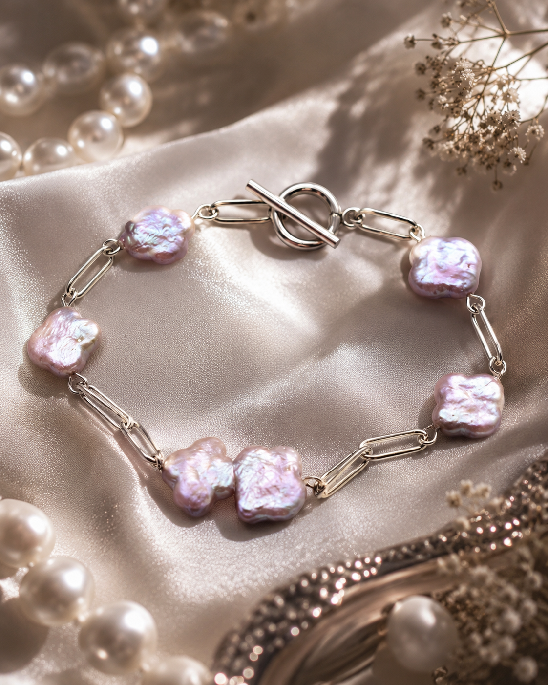 Clover Shaped & Paperclip Chain Pearl Bracelet