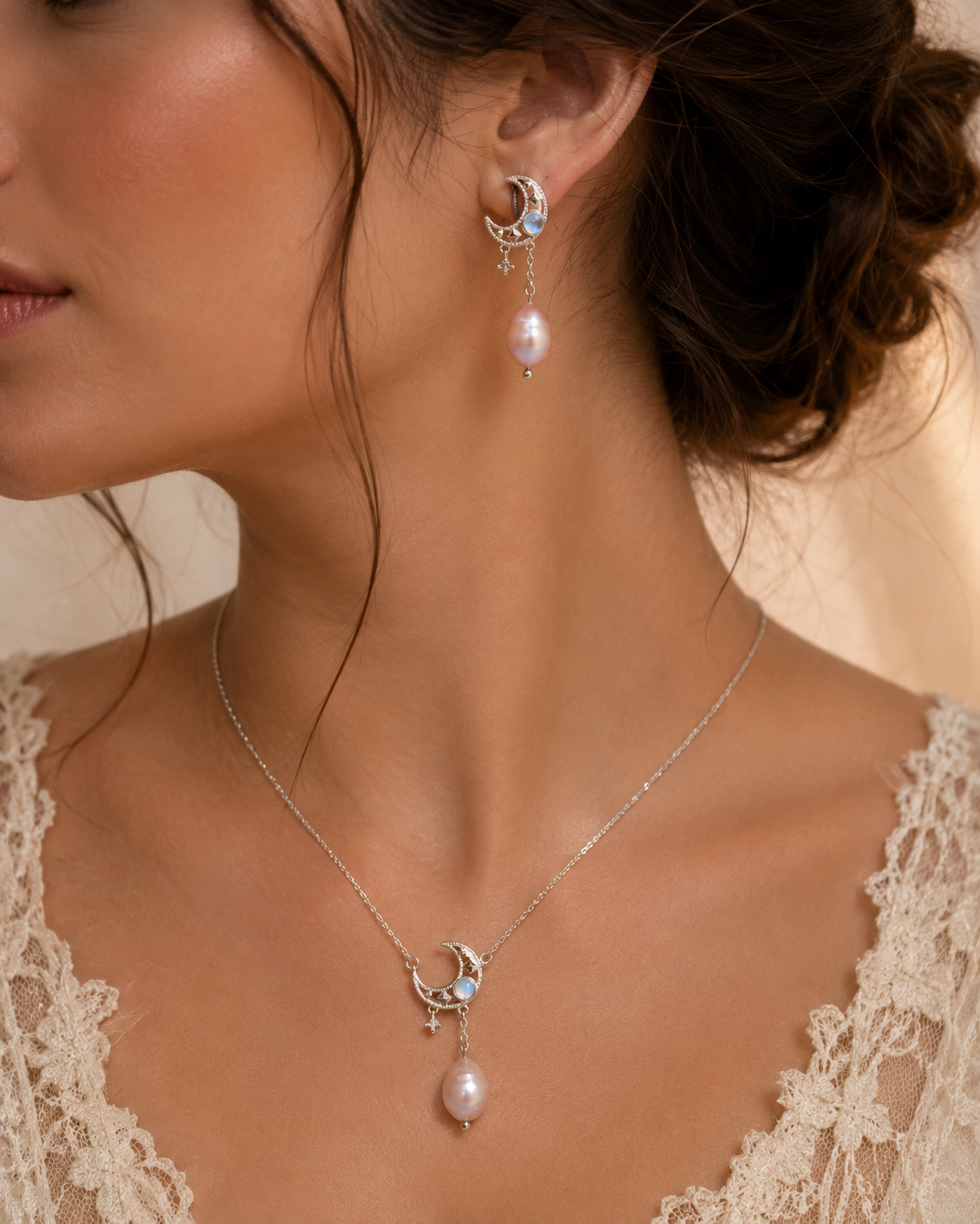 Lunar Whisper Pearl Earring & Necklace Set