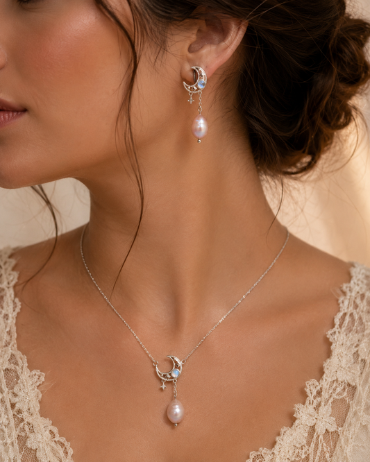 Lunar Whisper Pearl Earring & Necklace Set