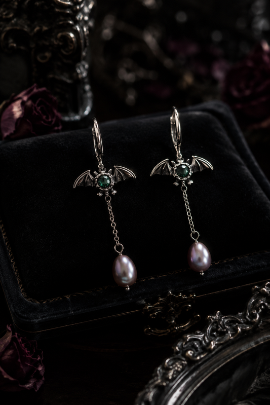 Beguiling Bat Pearl Drop Hoop Earrings