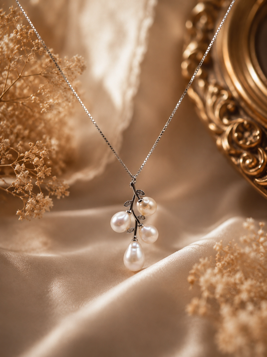 Multiple Pearl Flower Vine Pendant Sterling Silver