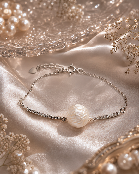 Carved Edison Pearl Silver Bracelet With CZ Stones