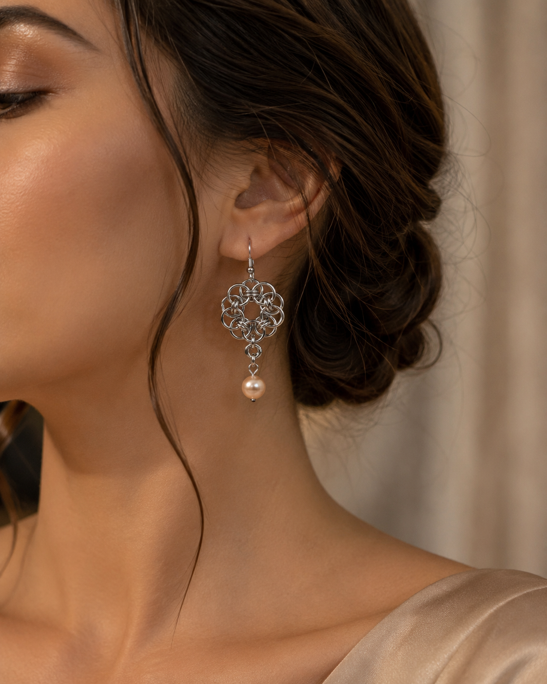 Chainmaille Rosette Pearl Earrings