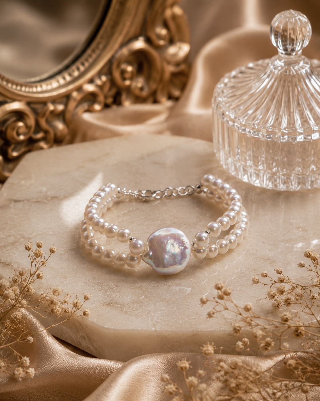 Double Strand Full String Bracelet With Button Pearl Centre