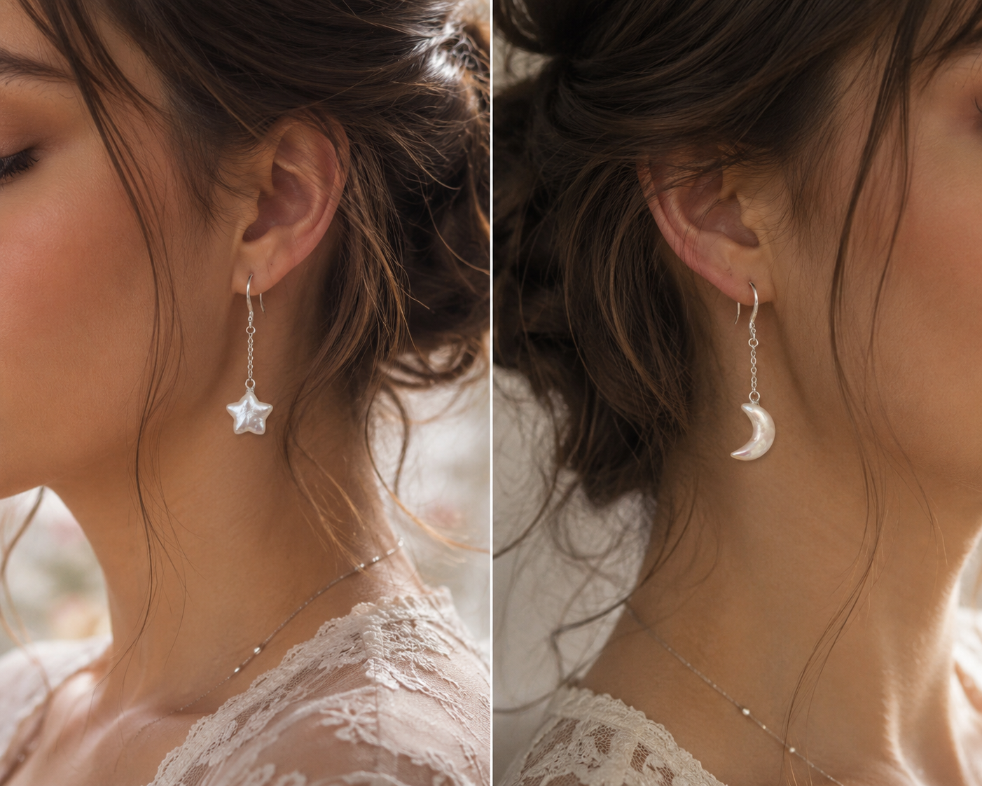 Star & Moon Pearl Drop Earrings - Sterling Silver