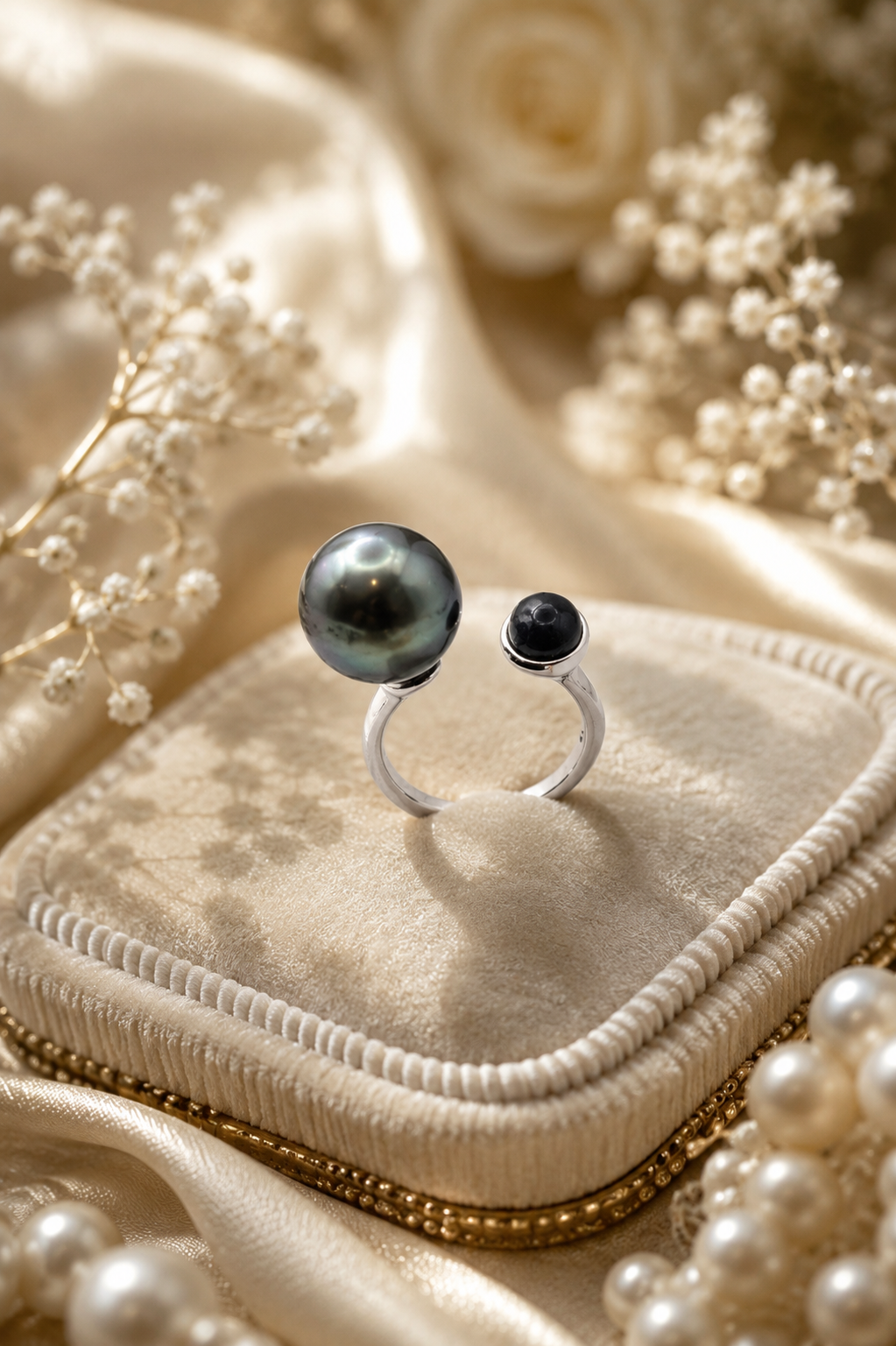 Large Black Tahitian & Green Gem Ring