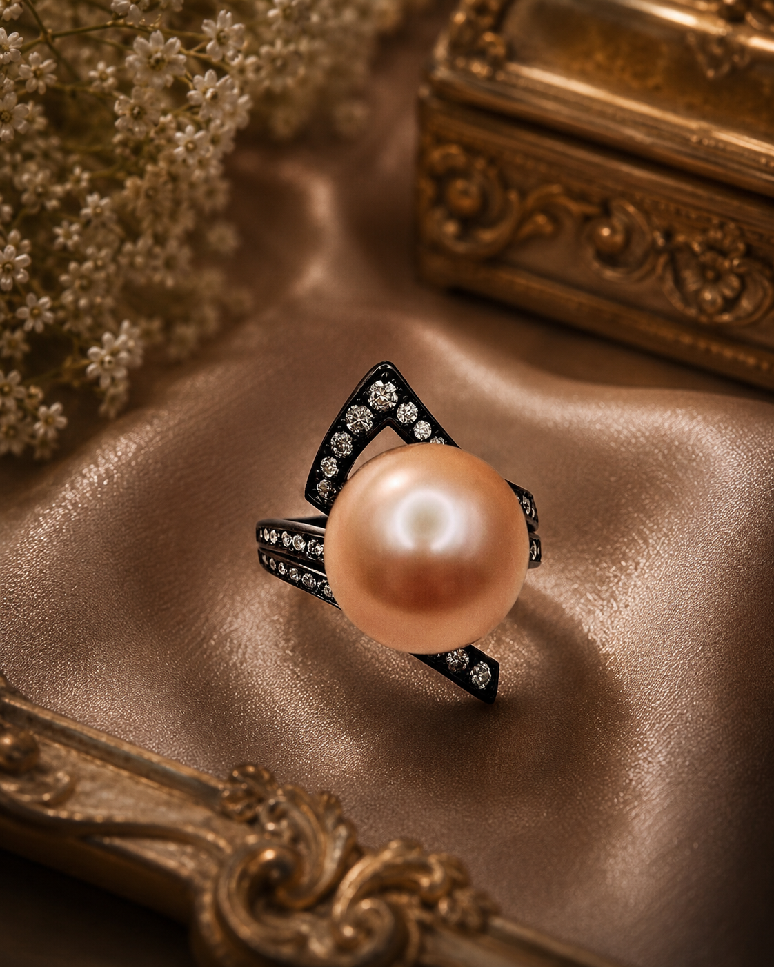 Large Edison Pearl Black Arrow Ring - Sterling Silver