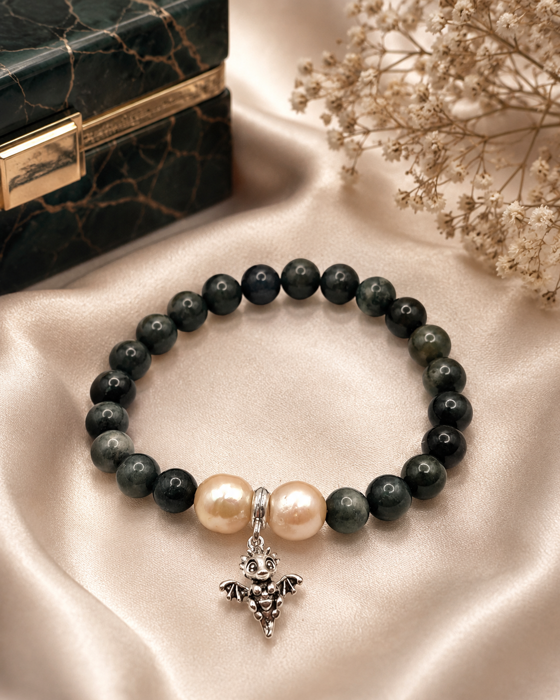 Moss Agate & Double Edison Dragon Charm Bracelet — Genuine Gemstone & Pearl