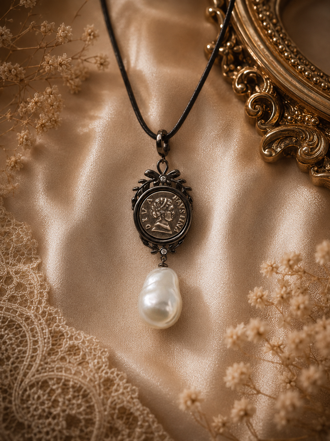 Vintage Coin Pendant with Baroque Australian White Pearl - Sterling Silver