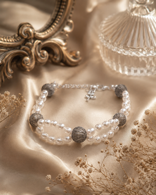 Carved Black Tahitian & White Pearls Full String Bracelet