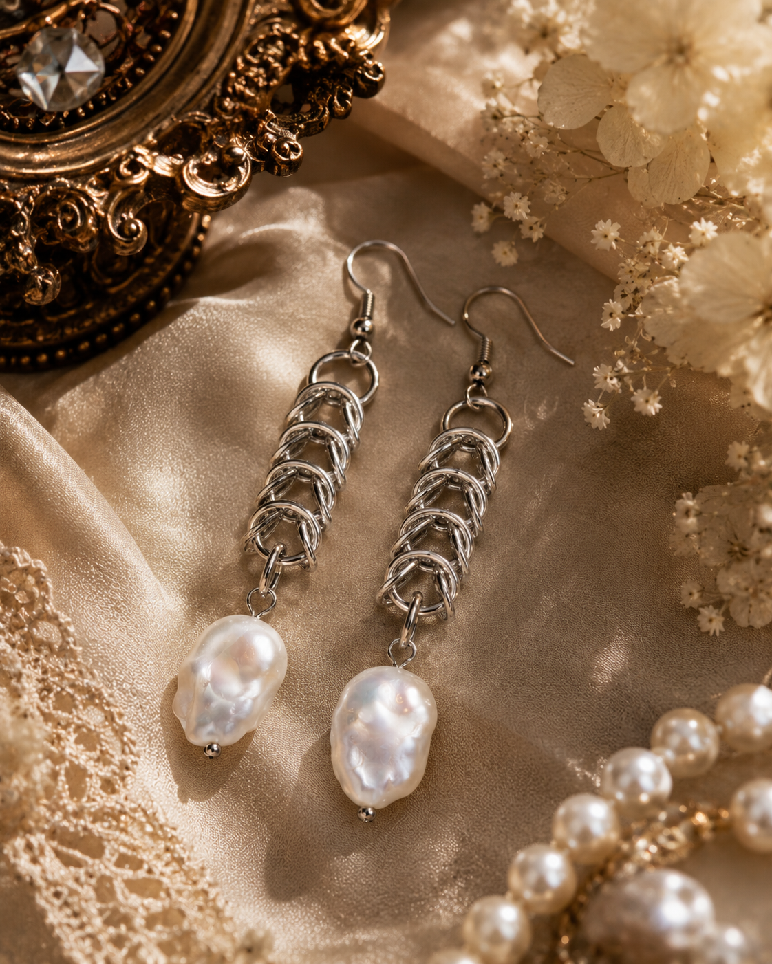King Pearl Chainmaille Rope Earrings