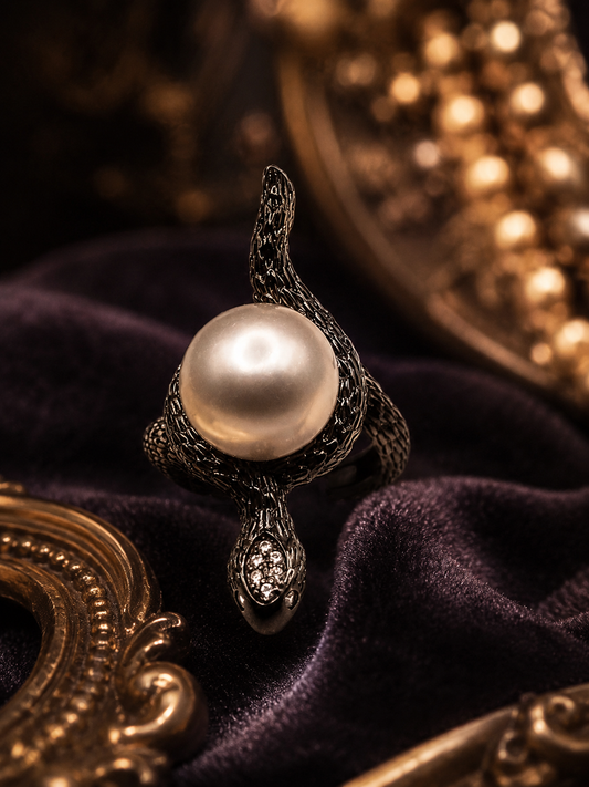 Large Edison Pearl Snake Design Ring - Sterling Silver