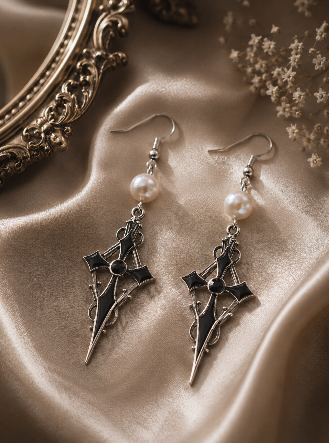 Gothic Cross Pearl Drop Earrings