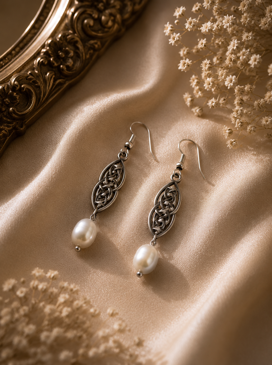 Celtic Knot Pearl Drop Earrings - S925 Hook