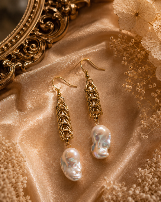 King Pearl Golden Chainmaille Earrings