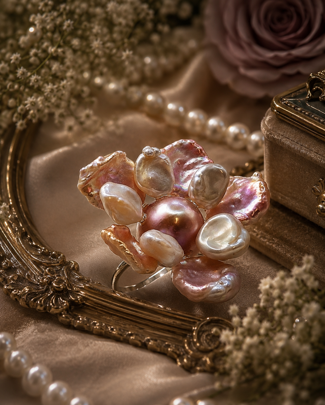 Multi Pearl Unique Flower Ring - Sterling Silver