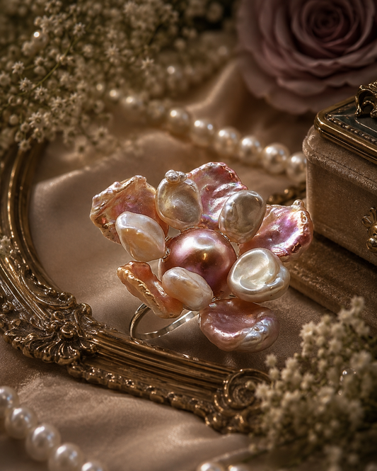 Multi Pearl Unique Flower Ring - Sterling Silver