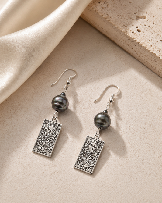 The Sun Tarot Card Earrings with Black Tahitian Pearls