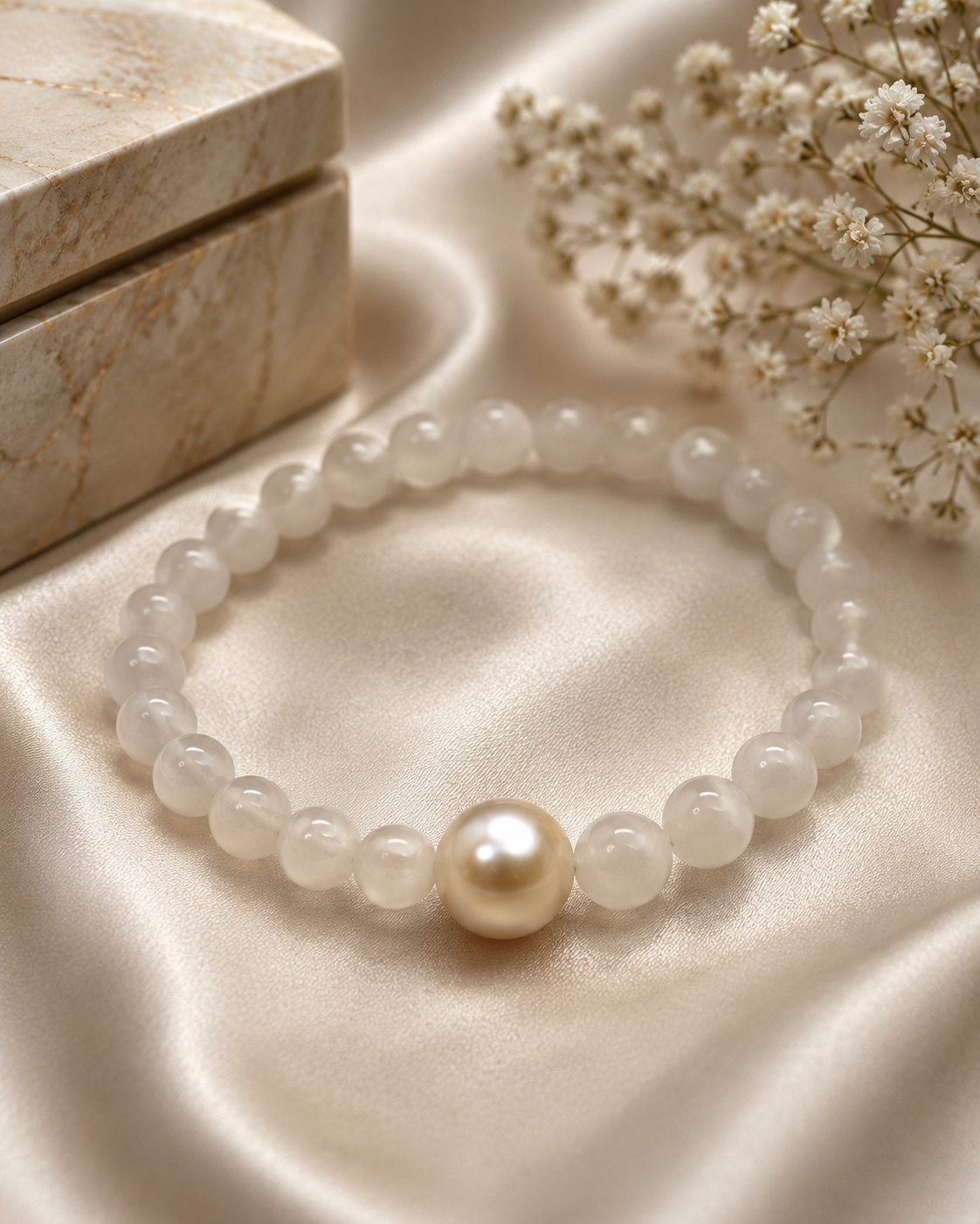 Pure Clear Quartz & White Edison Stretch Bracelet