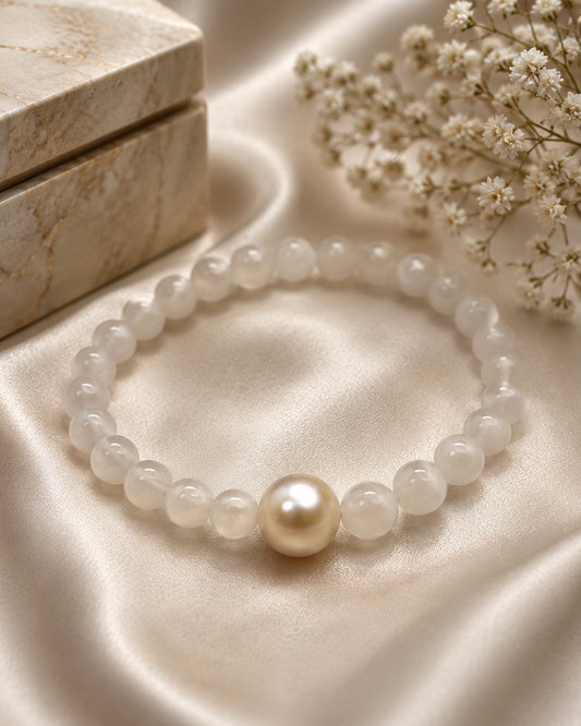 Pure Clear Quartz & White Edison Stretch Bracelet