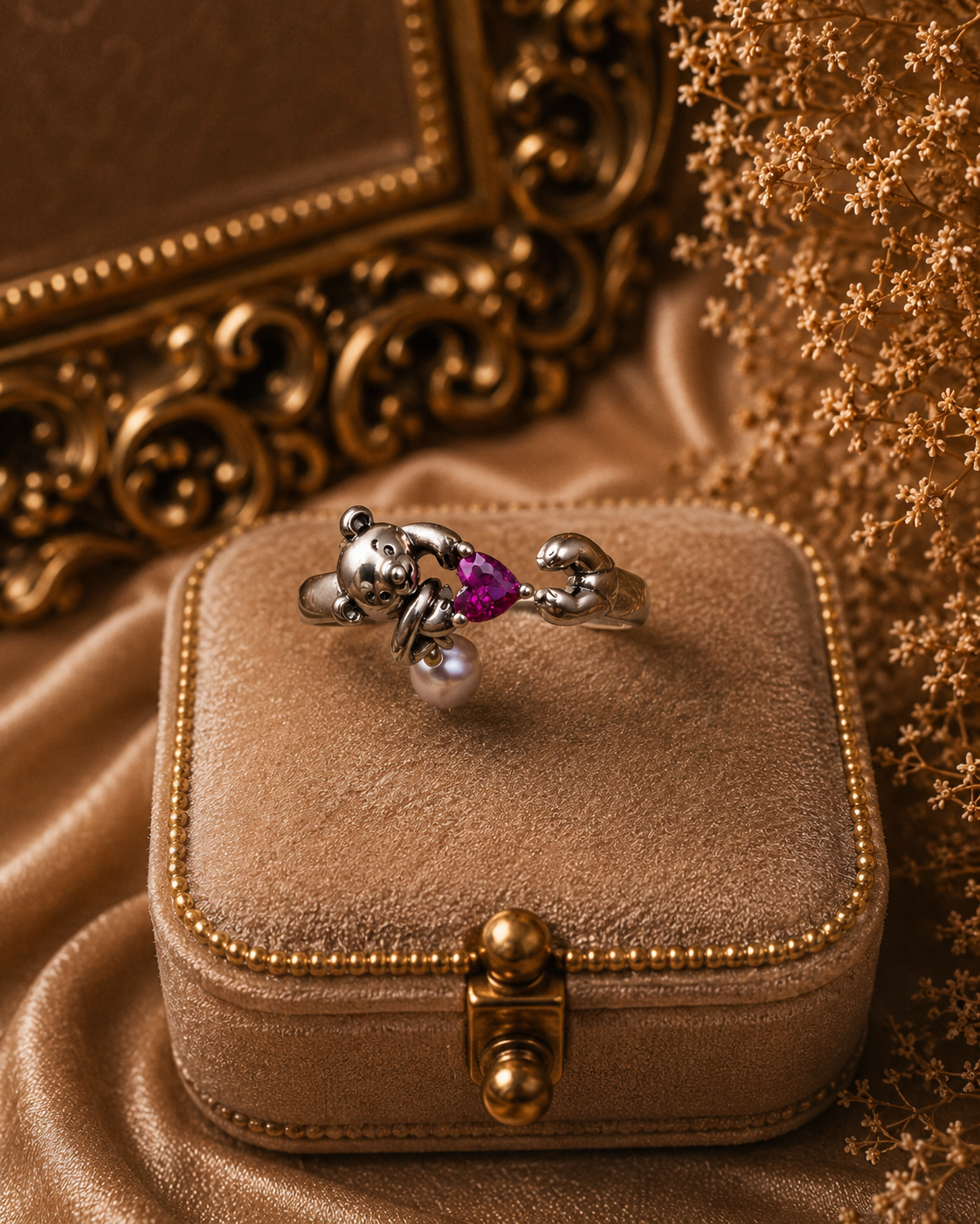 Hugging Bear Heart Mini Pearl Ring