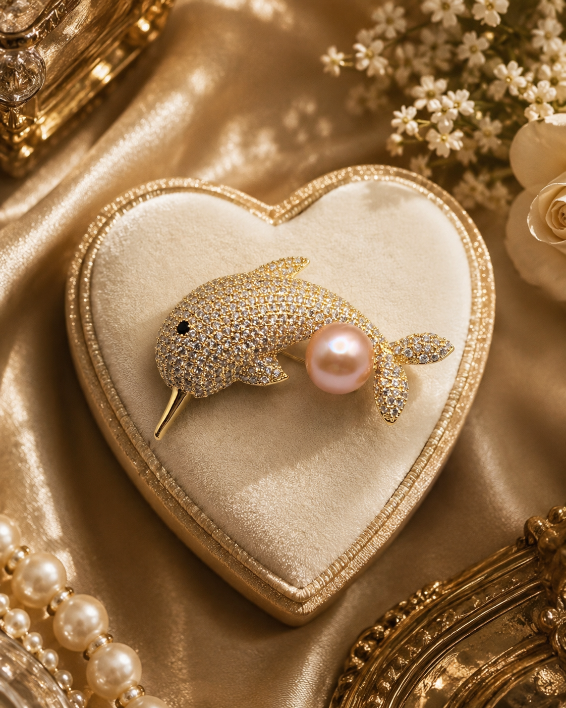 Golden Narwhal Pearl Brooch