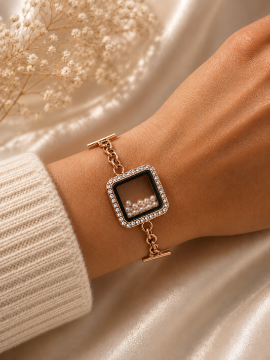 Rose Gold Locket Bracelet with Mini Pearls