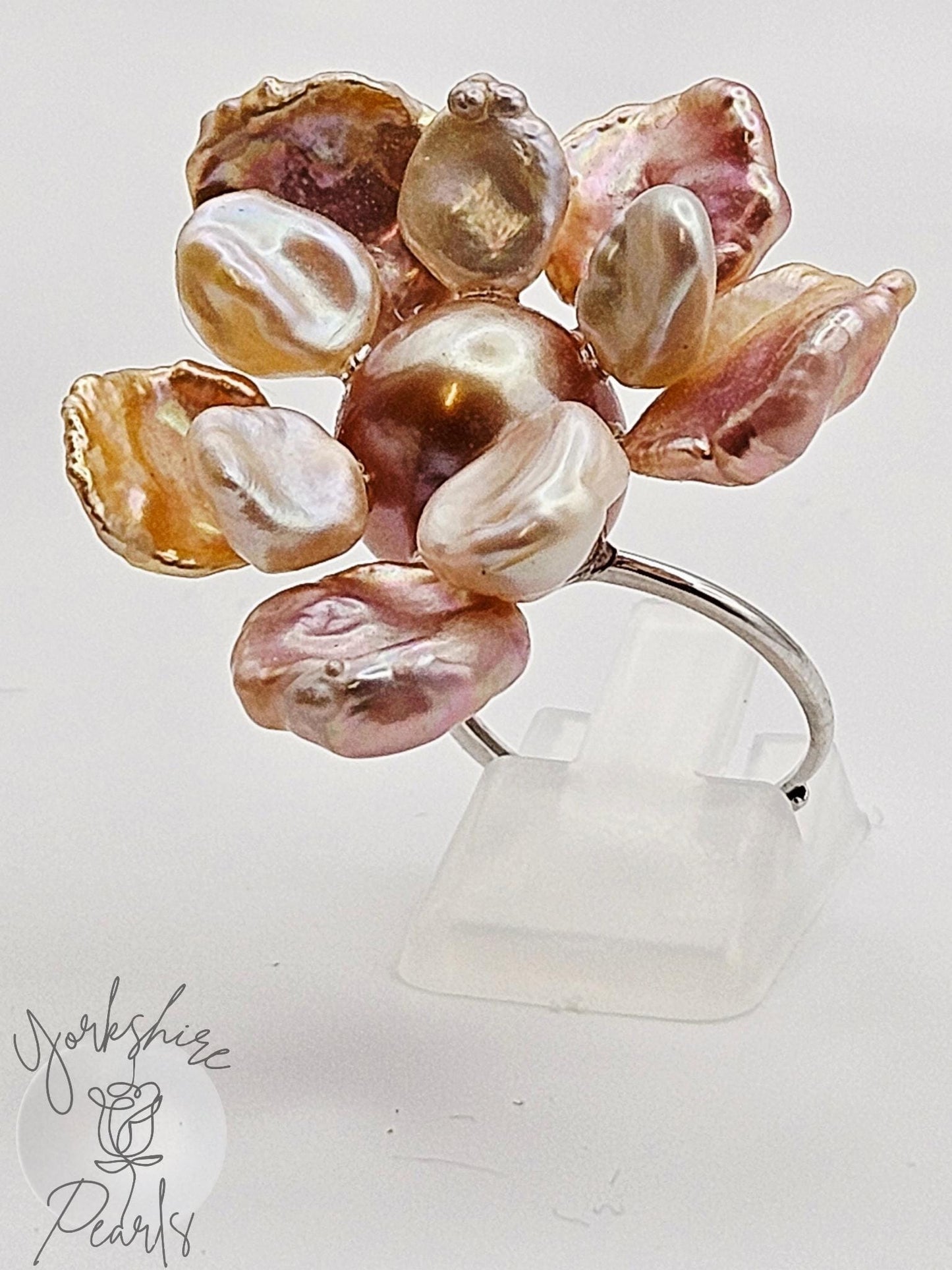 Multi Pearl Unique Flower Ring - Sterling Silver