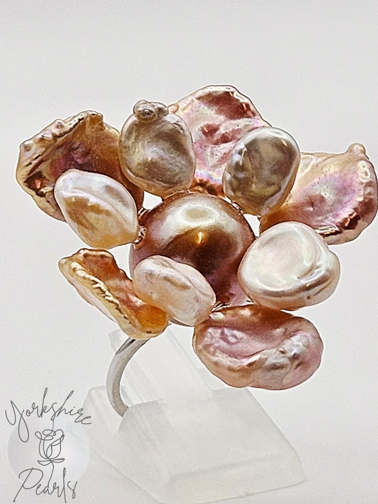 Multi Pearl Unique Flower Ring - Sterling Silver