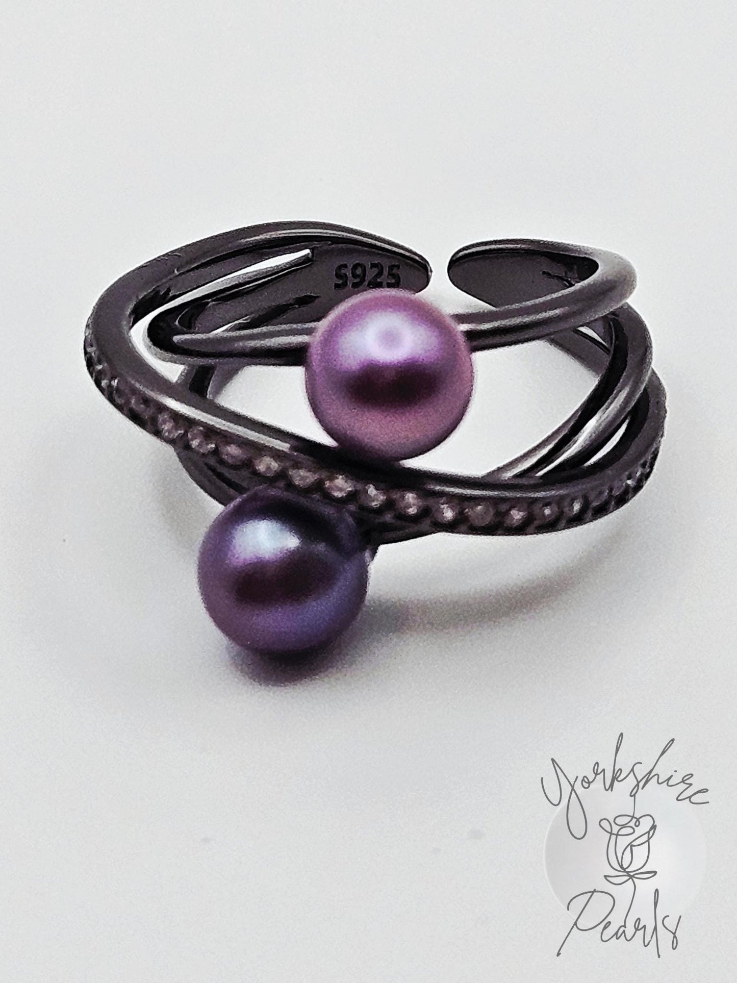Double Pearl Cross Band Adjustable Ring - Sterling Silver
