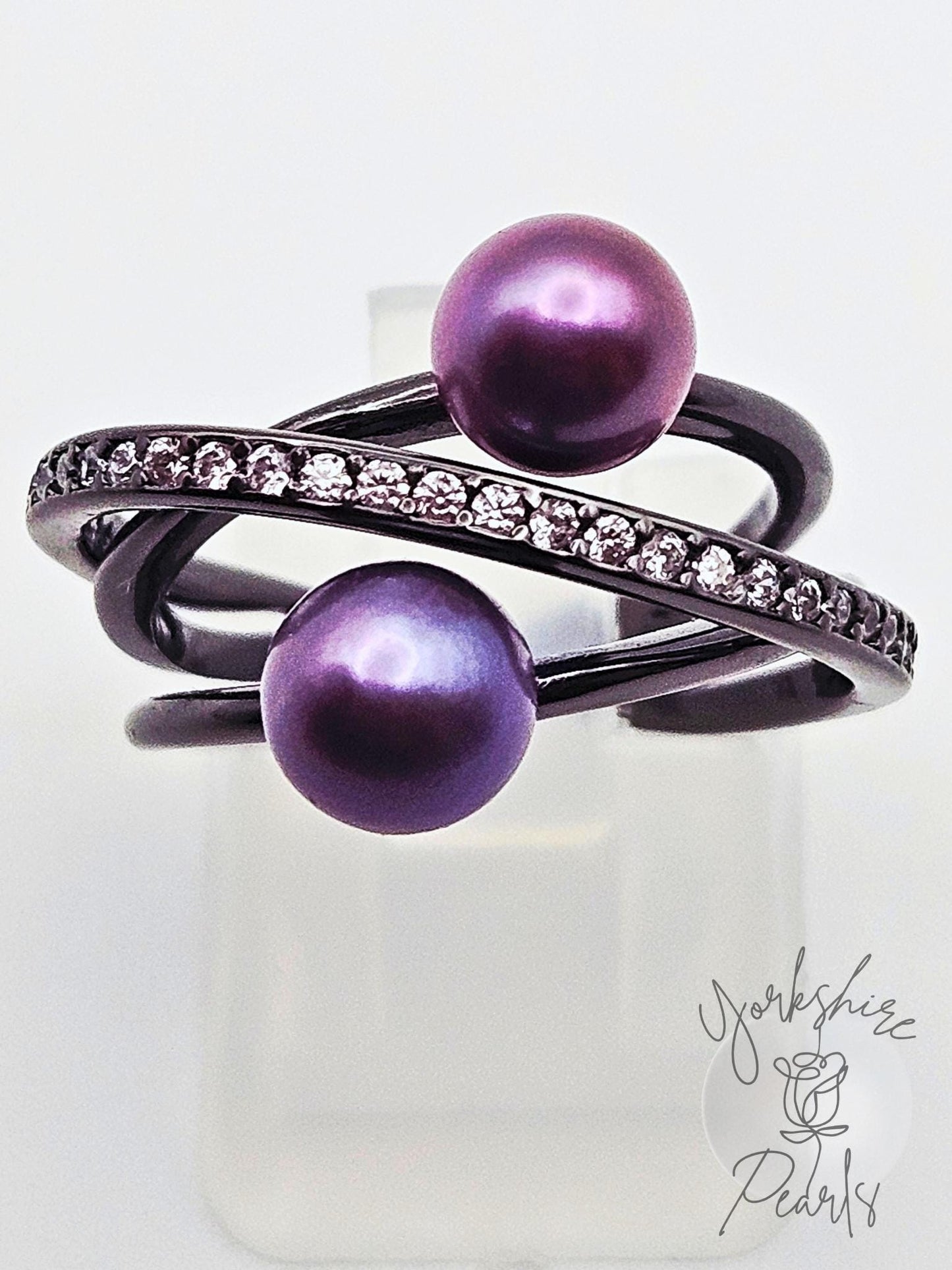 Double Pearl Cross Band Adjustable Ring - Sterling Silver