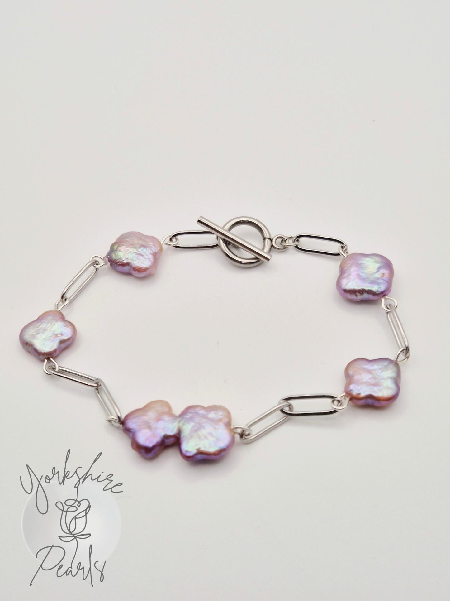 Clover Shaped & Paperclip Chain Pearl Bracelet