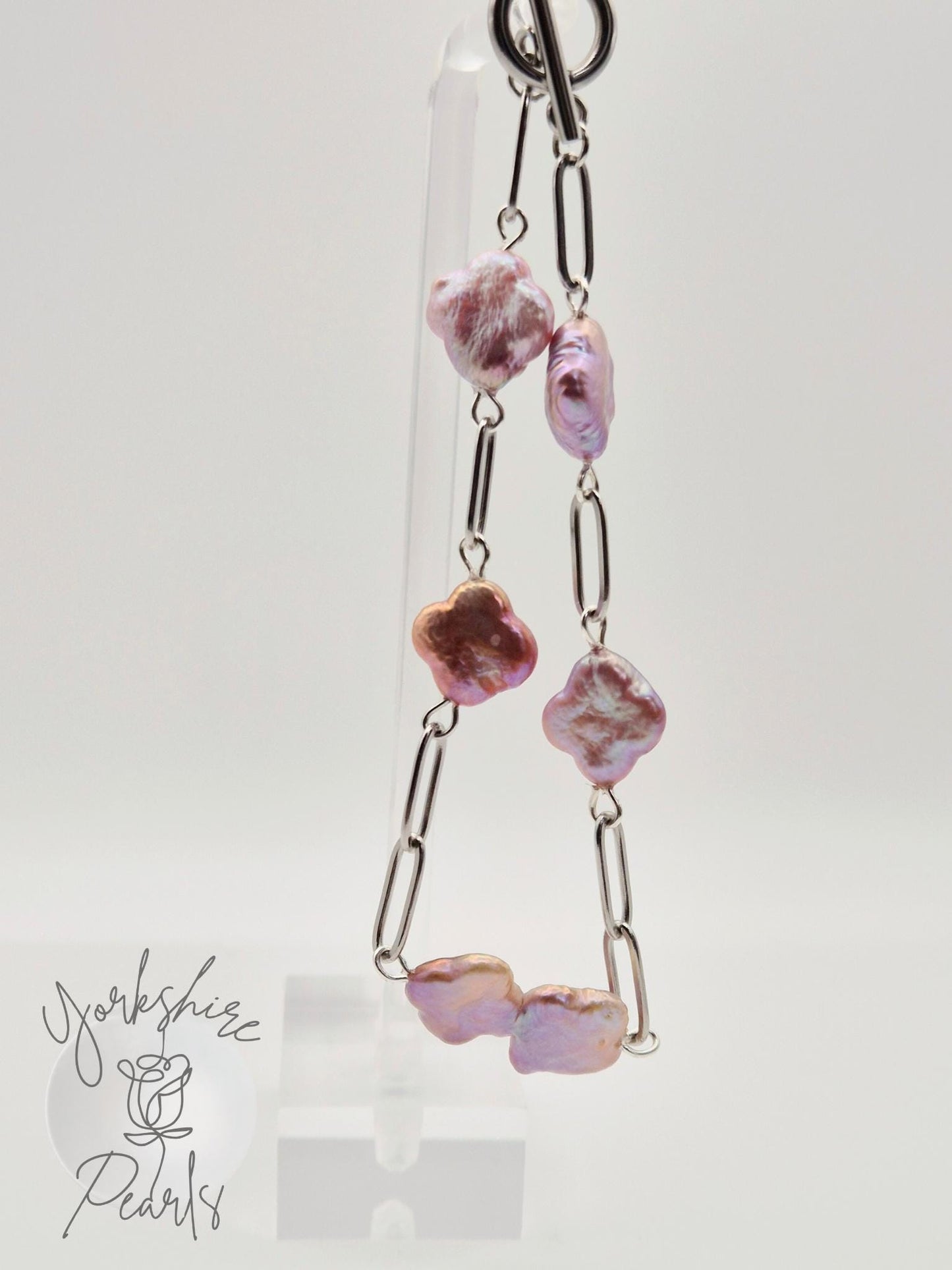Clover Shaped & Paperclip Chain Pearl Bracelet