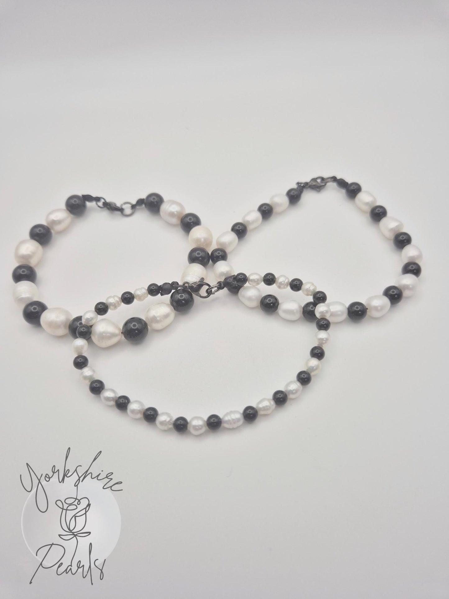 Pearl & Natural Black Onyx Triple Bracelet Set