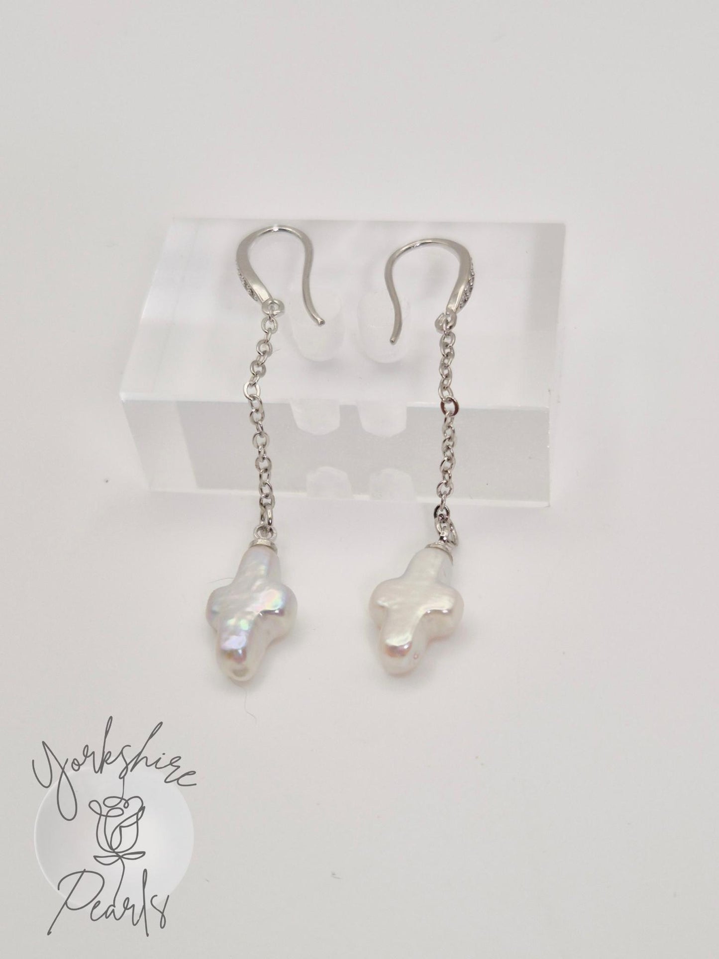 Mini Cross Pearl Drop Sterling Silver Earrings