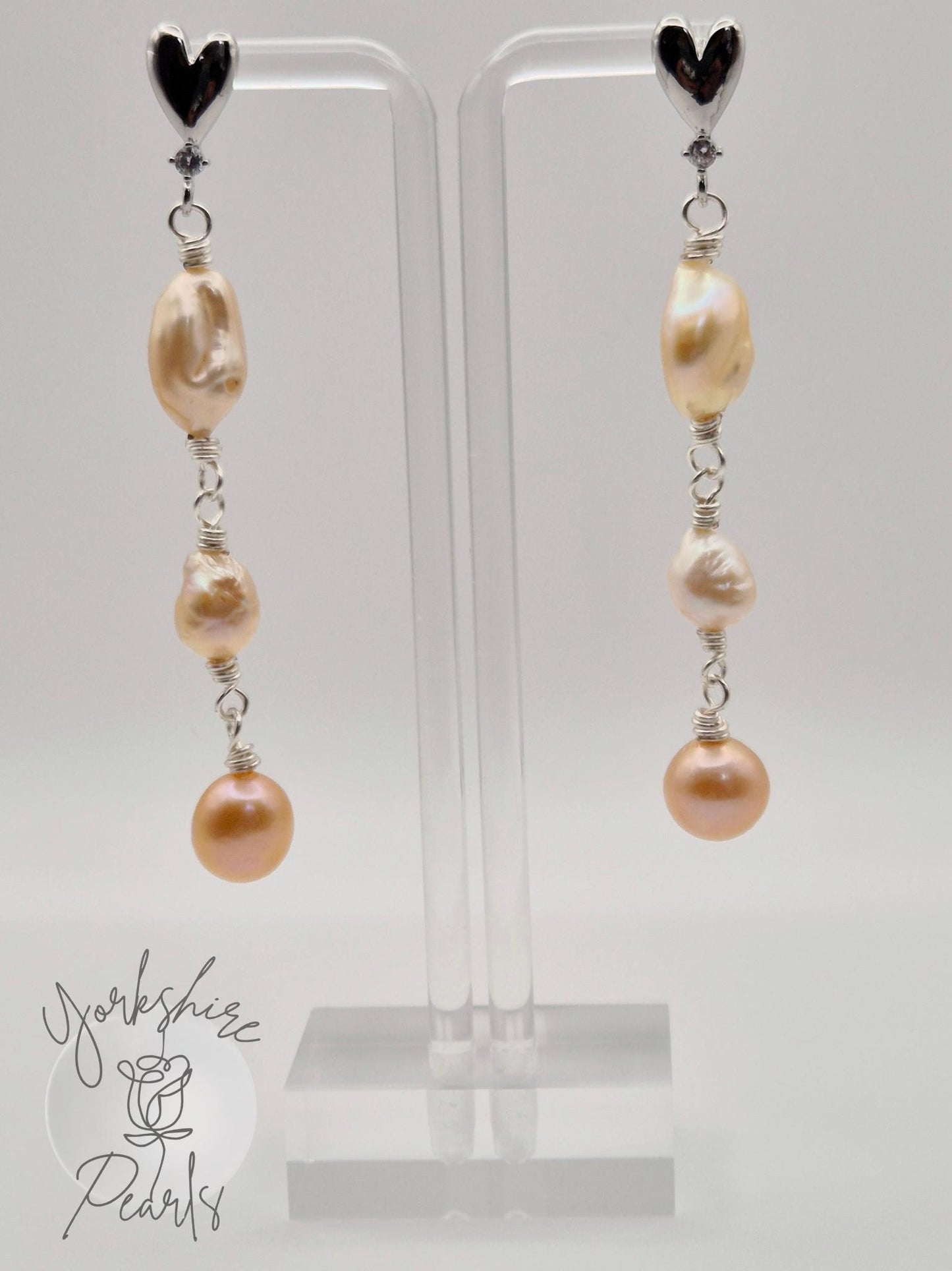 Multiple Pearl Heart Drop Stud Earrings