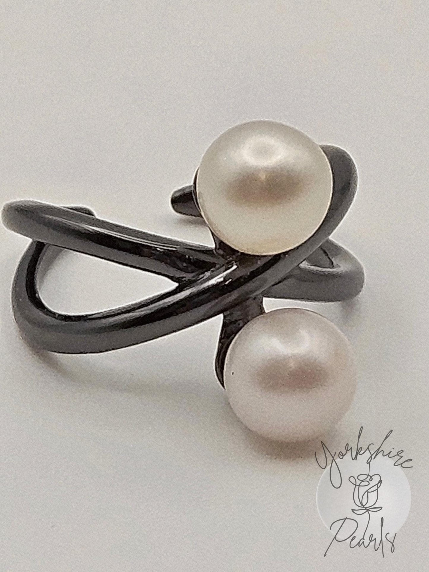 Double Pearl Atom Adjustable Ring - Sterling Silver