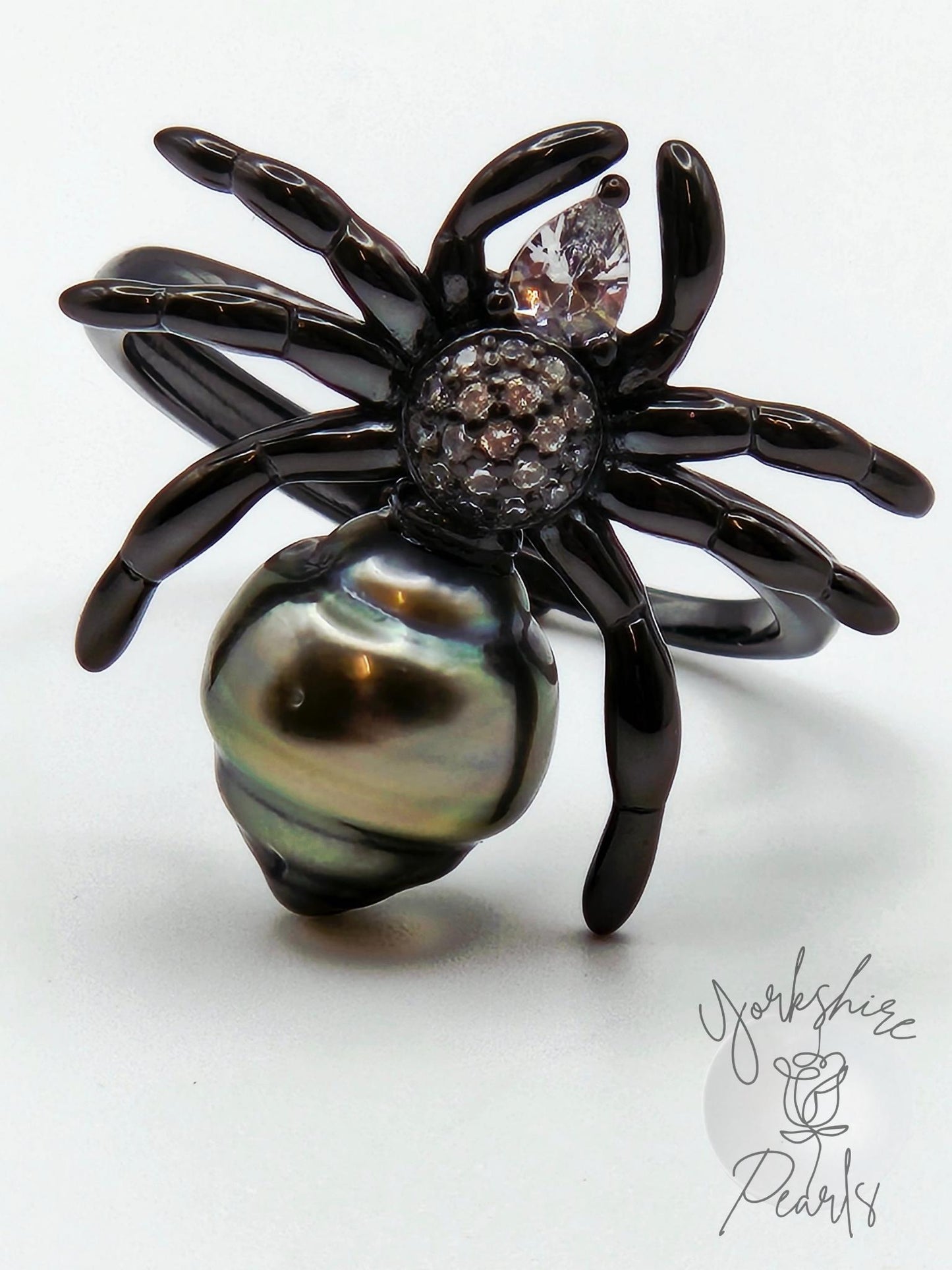 Black Tahitian Gothic Spider Pearl Ring - Sterling Silver