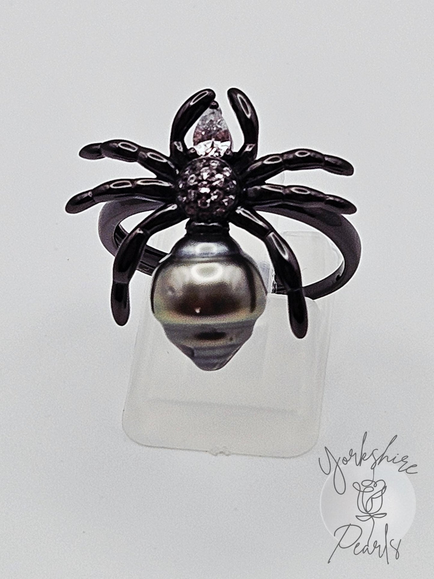 Black Tahitian Gothic Spider Pearl Ring - Sterling Silver